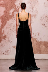 Einfaches Schwarzes Langes Abendkleid aus Samt mit Spaghettiträgern